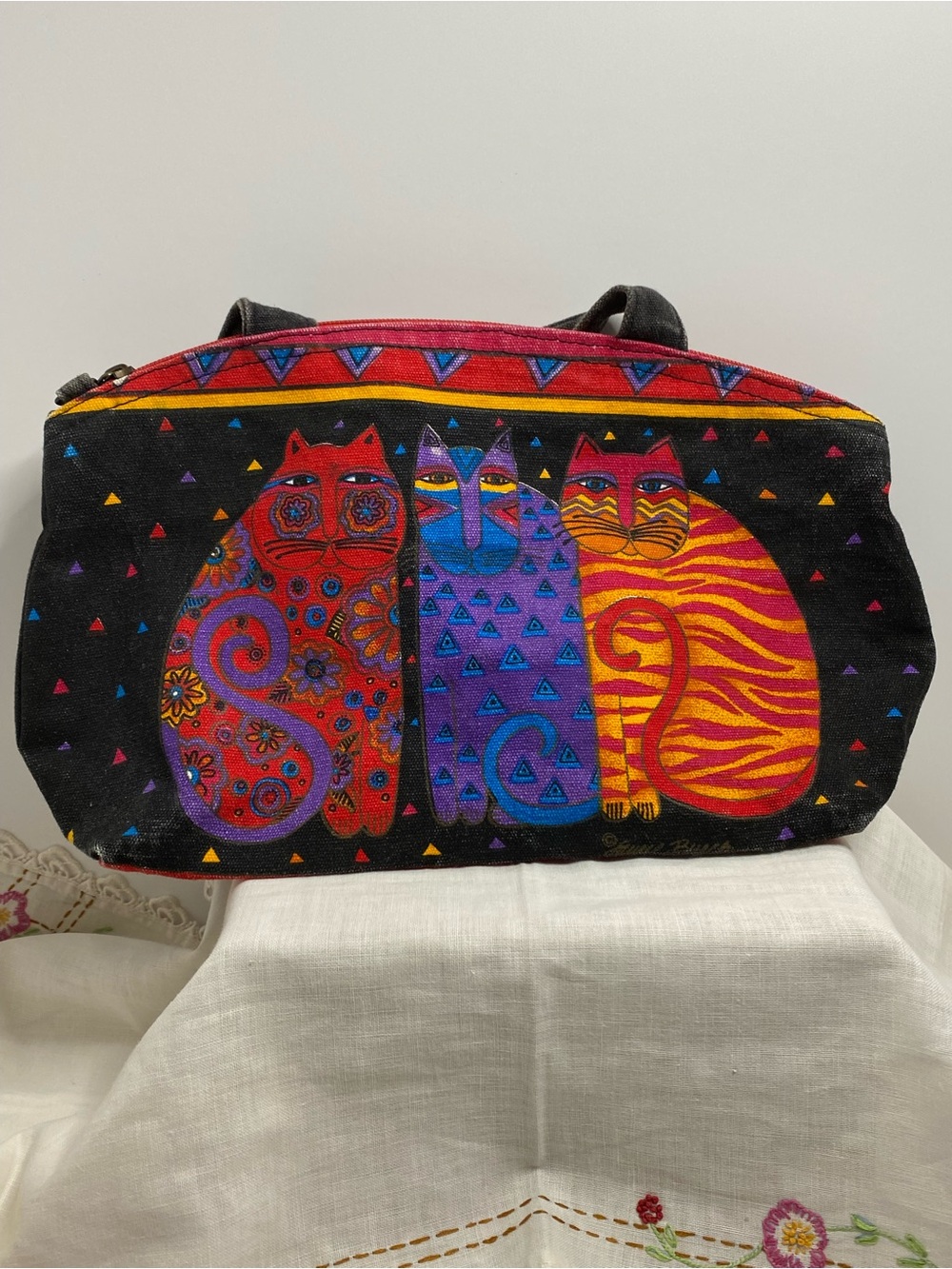 Feline Friends Laurel Burch Cat Small Canvas Purse Lunch Bag/Travel Bag Handbag